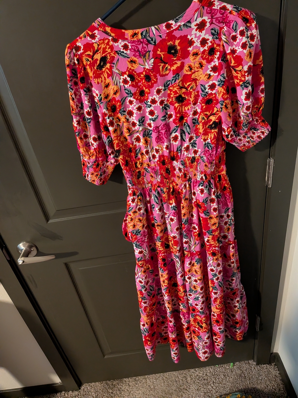 Pink Floral Puff-Sleeve Smocked Midi Dress
